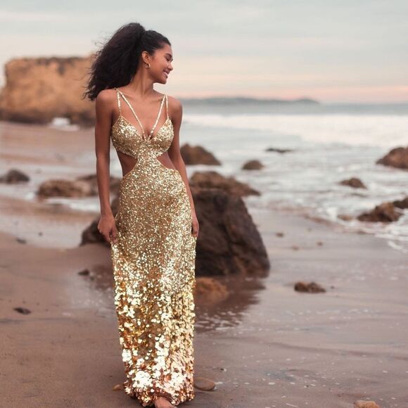 MAC DUGGAL 6077 Gold Thin Strap Cut Out Gown With Ombre Sequins - Picture 3 of 16